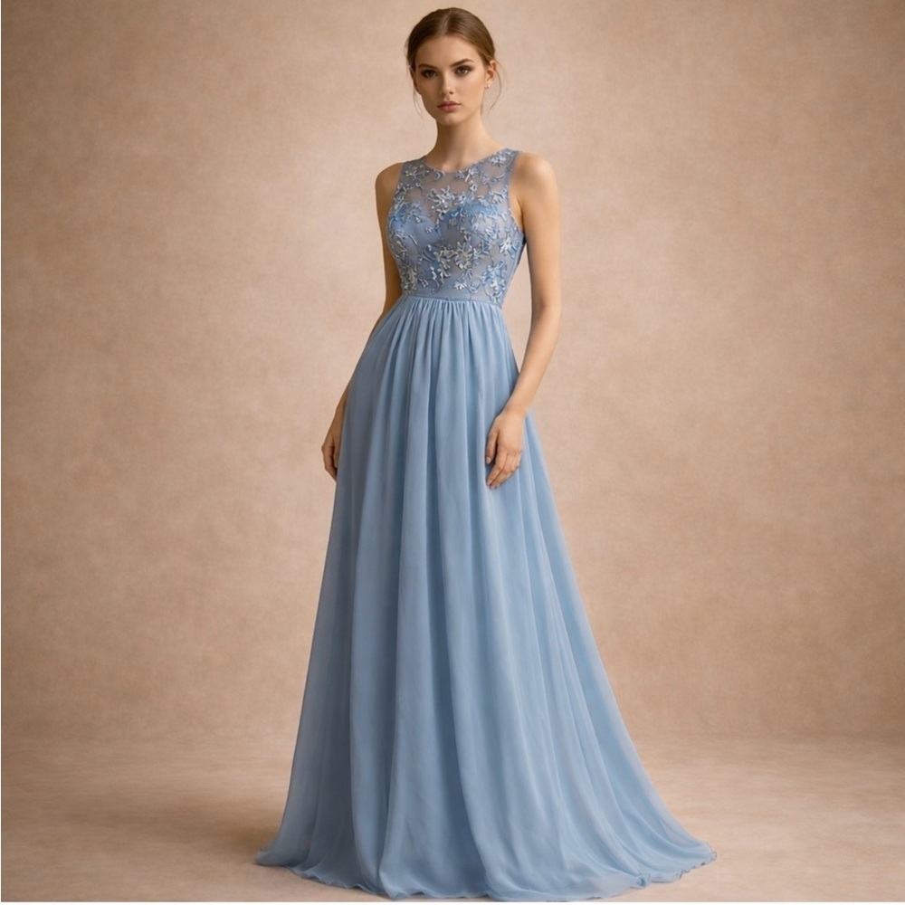 KF Bridal Sleeveless Blue Lace Chiffon Gown Size 2 Formal Prom Evening - Picture 8 of 8